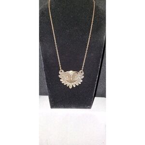 Vintage Bronze Stylized Nocturnal Owl‎ Face Large Eyes Bird Feathers Necklace